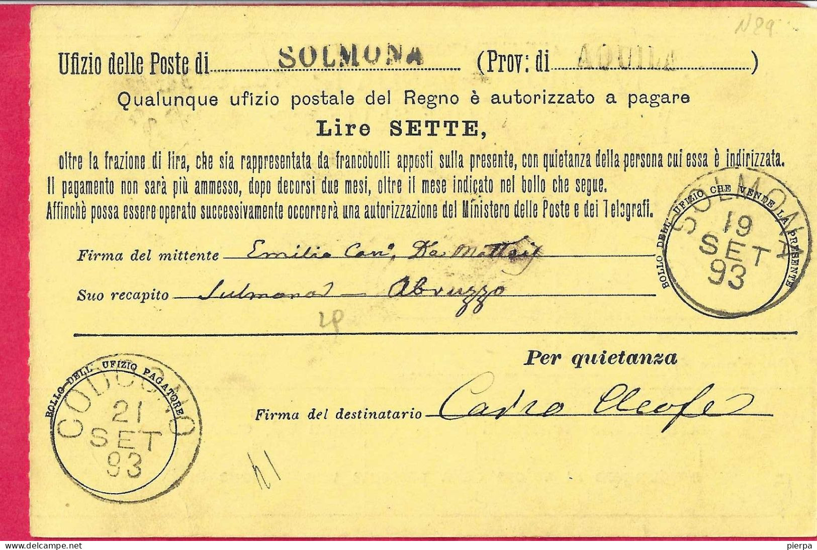 INTERO CARTOLINA-VAGLIA UMBERTO C.15 DA LIRE 7 (CAT. INT. 11) -VIAGGIATA DA SOLMONA *19.SET.93* PER CODOGNO - Entiers Postaux