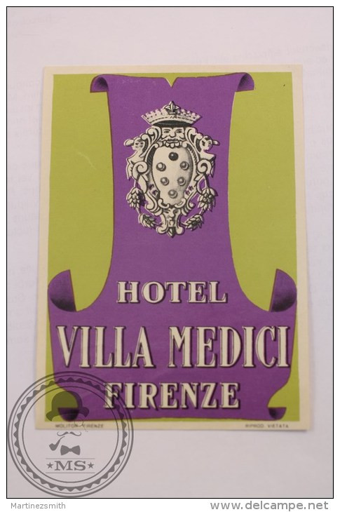 Hotel Villa Medici Firenze/ Florence, Italy - Original Luggage Label - Sticker - Etiketten Van Hotels