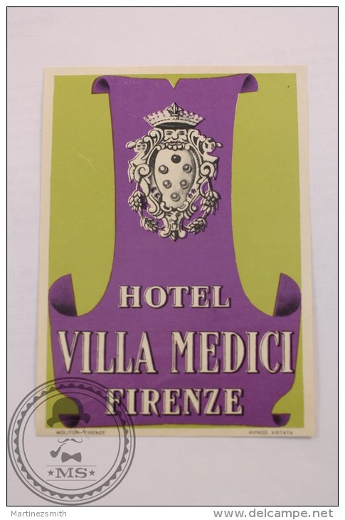 Hotel Villa Medici Firenze/ Florence, Italy - Original Luggage Label - Sticker - Hotel Labels