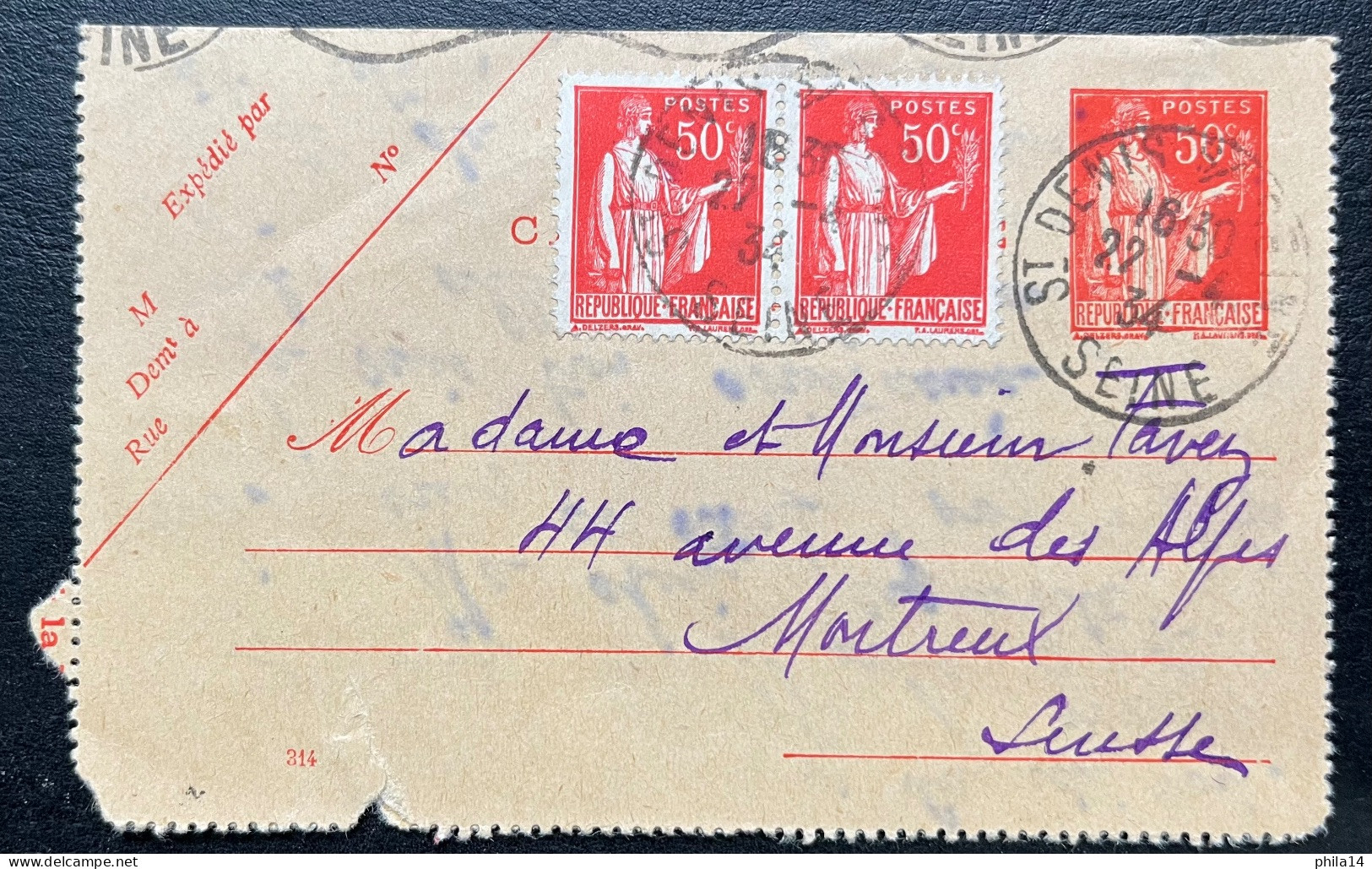 50c PAIX & PAIRE 50c PAIX SUR CARTE LETTRE / ST DENIS SUR SEINE POUR MONTREUX SUISSE 1924 - Cartes-lettres