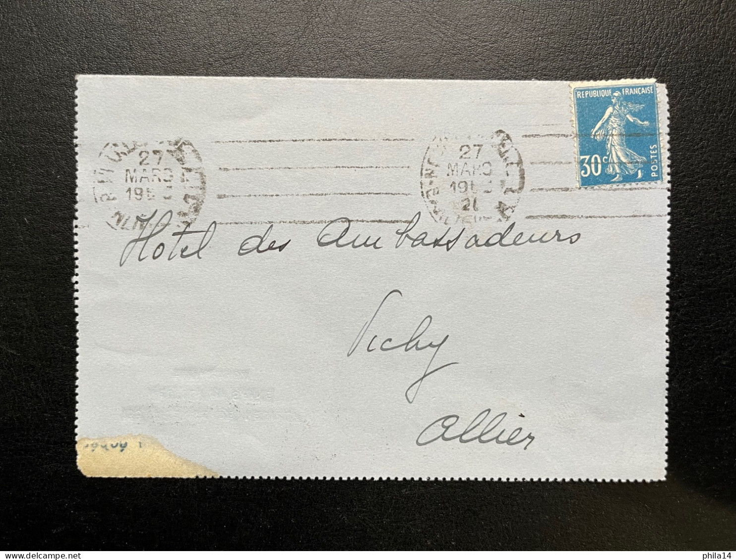 30c SEMEUSE SUR CARTE LETTRE / NEUILLY SUR SEINE POUR VICHY 1926 - Cartes-lettres
