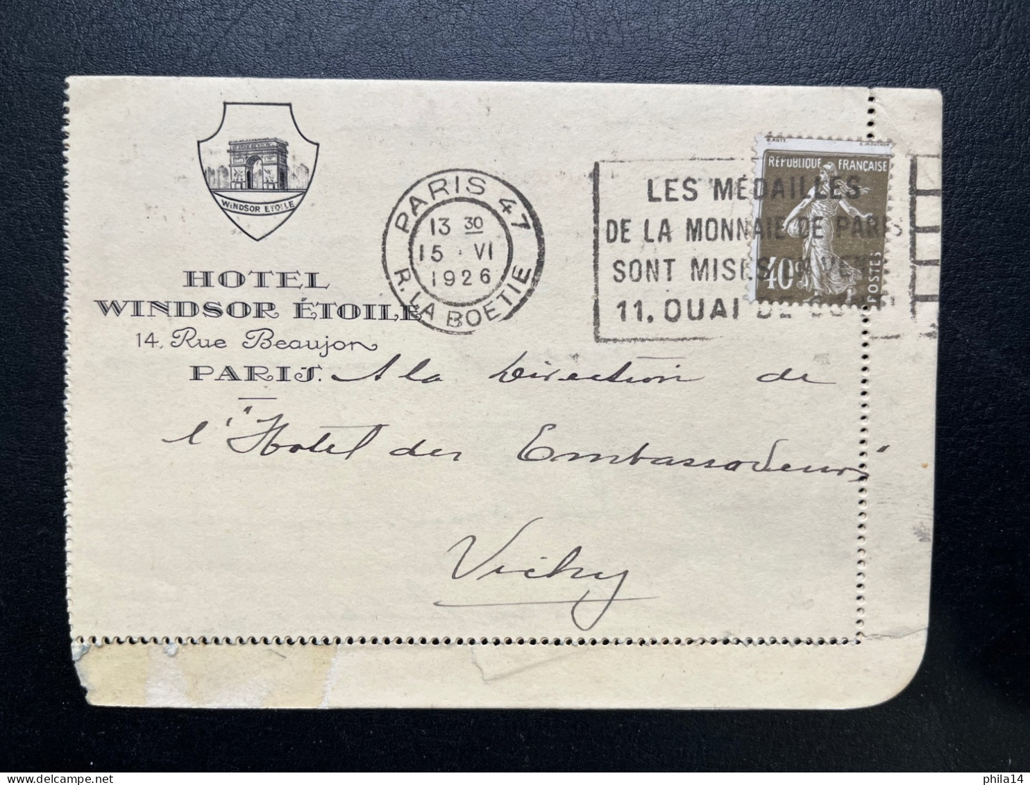 40c SEMEUSE SUR CARTE LETTRE / PARIS 47 POUR VICHY 1926 / HOTEL WINDSOR ETOILE - Cartoline-lettere