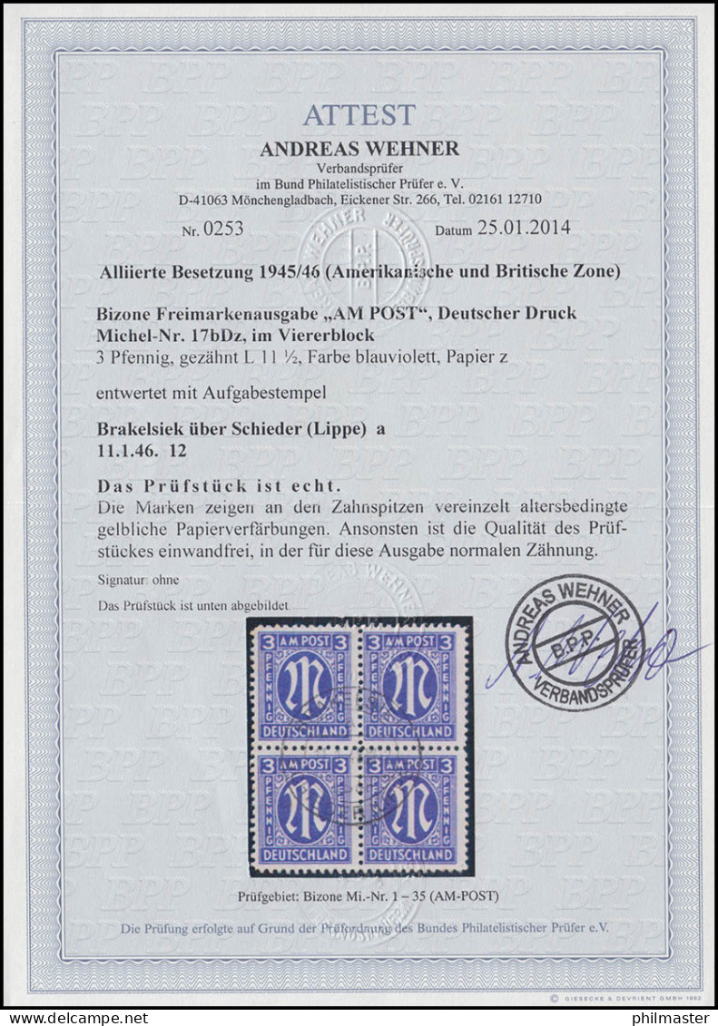 17bDz AM-Post 3 Pf. Im Viererblock Gestempelt Brakelsiek 11.1.46, FA Wehner BPP - Afgestempeld