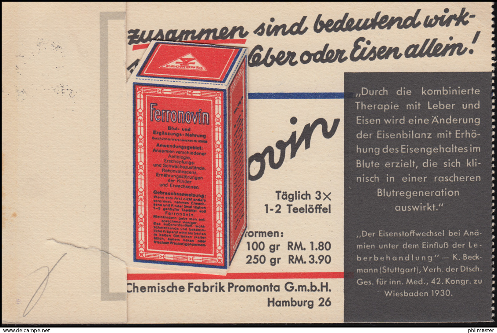 Werbepostkarte Für Ferronovin Chemische Fabrik Promoto HAMBURG 9.1.1931 - Médecine