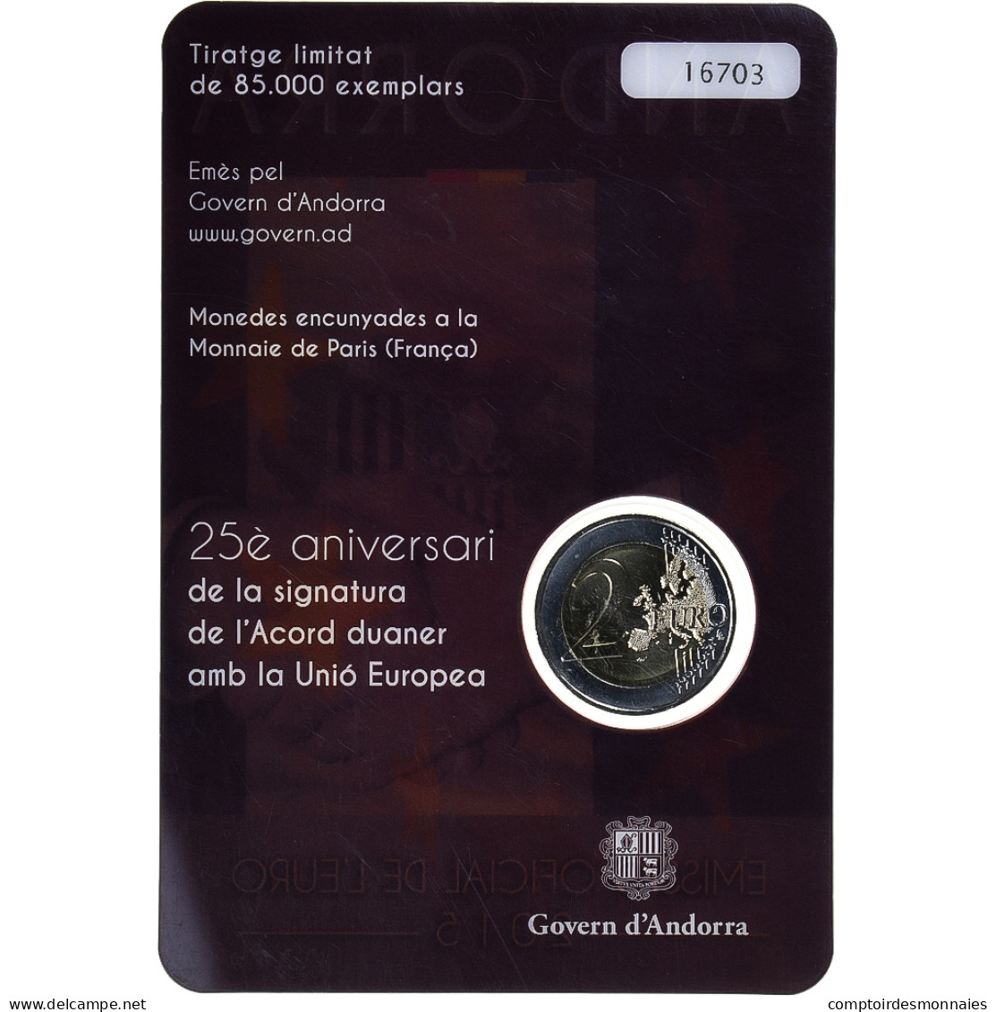 Andorre, 2 Euro, Accord Douanier Avec L'UE, 2015, Coin Card, FDC, Bimétallique - Andorre