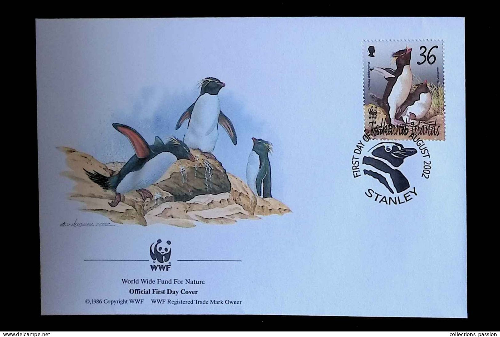 CL, FDC, 1 Er Jour, Falkland Islands, Stanley, 30 August 2002, First Day Cover, WWF, Rockhopper Pingouin,frais Fr 1.65 E - Falklandinseln