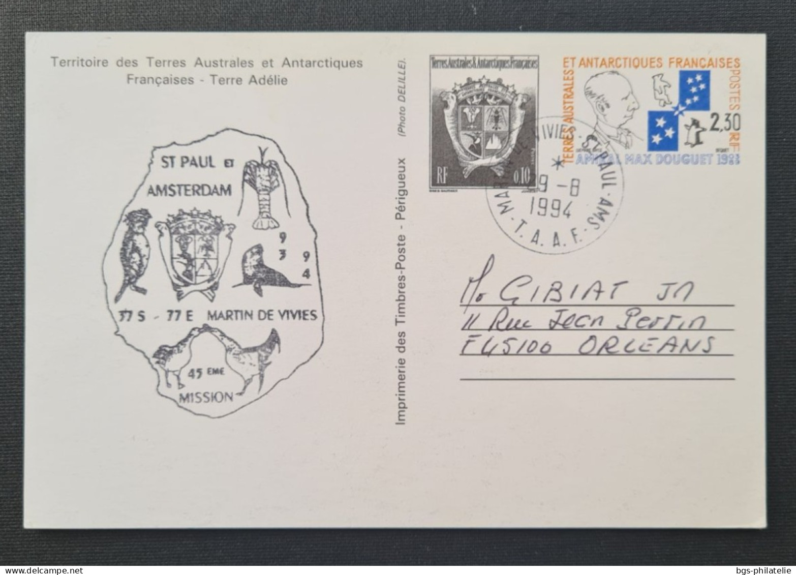 TAAF, Entier Postal N°2 Oblitéré De ST PAUL Le 29/8/1994. - Brieven En Documenten