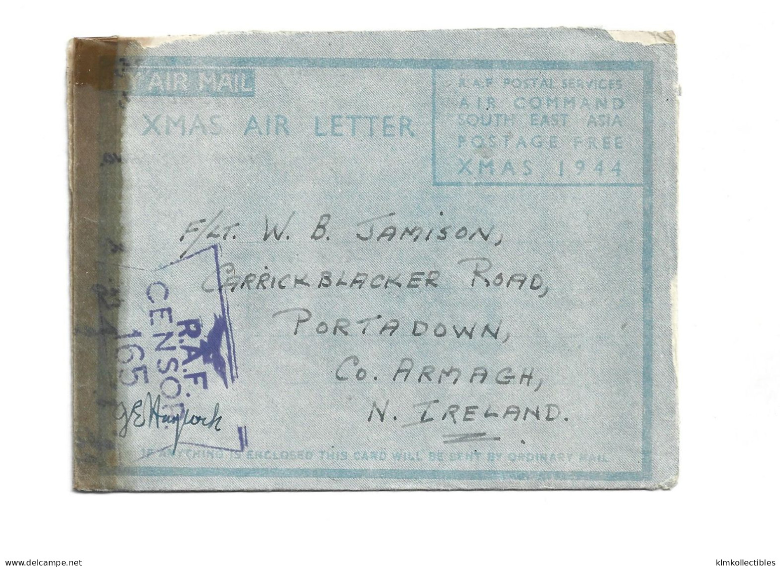 GREAT BRITAIN UNITED KINGDOM ENGLAND COLONIES - INDIA - 1944 CHRISTMAS RAF AIRMAIL AEROGRAMME - CENSORED RARE - 1936-47  George VI