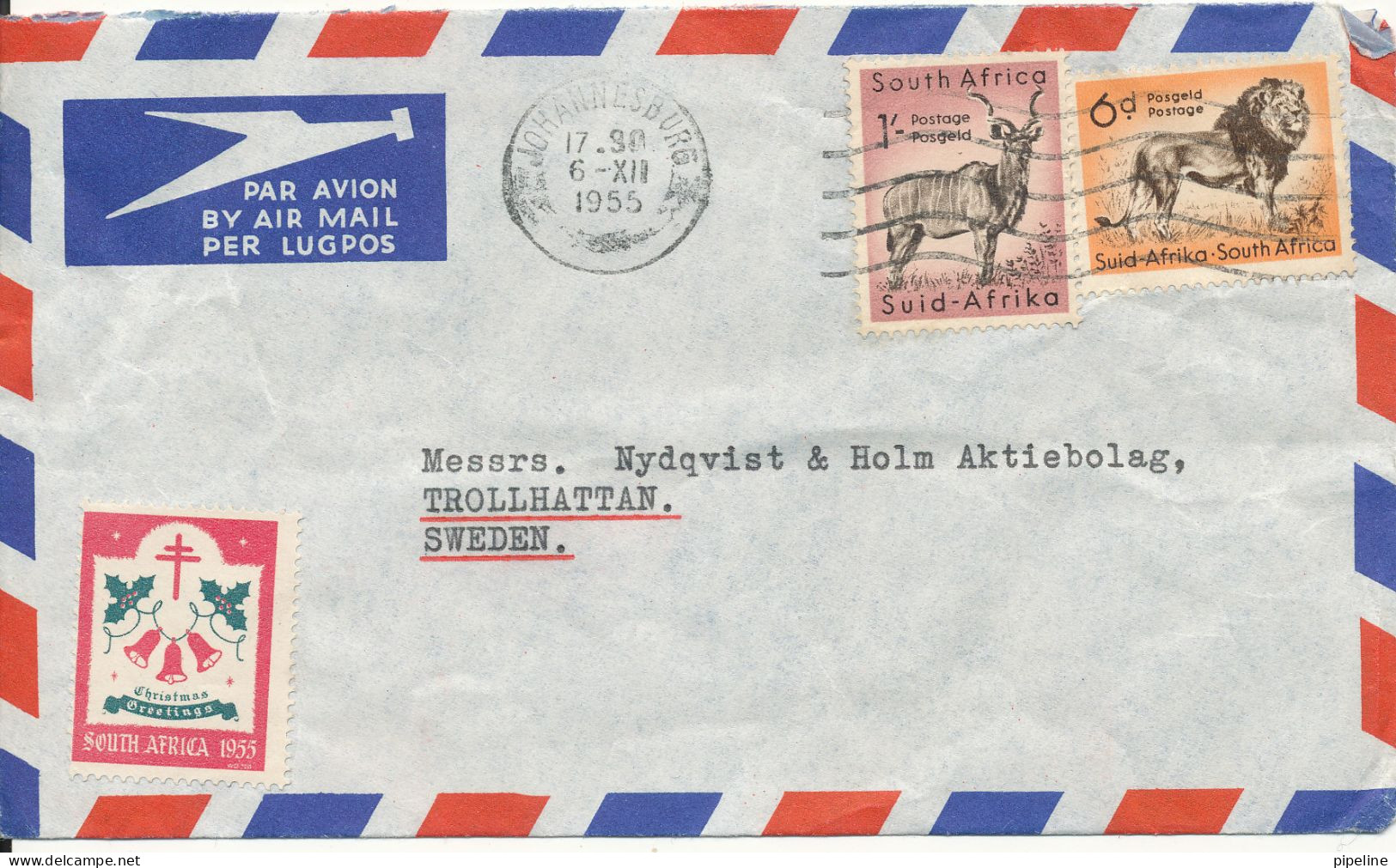 South Africa Air Mail Cover Sent To Sweden Johannesburg 6-12-1955 - Luftpost