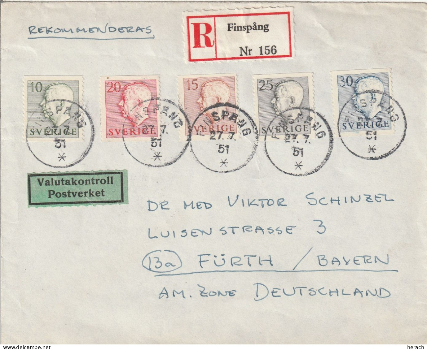 Suède Lettre Recommandée Finspang Pour L'Allemagne 1951 - Storia Postale