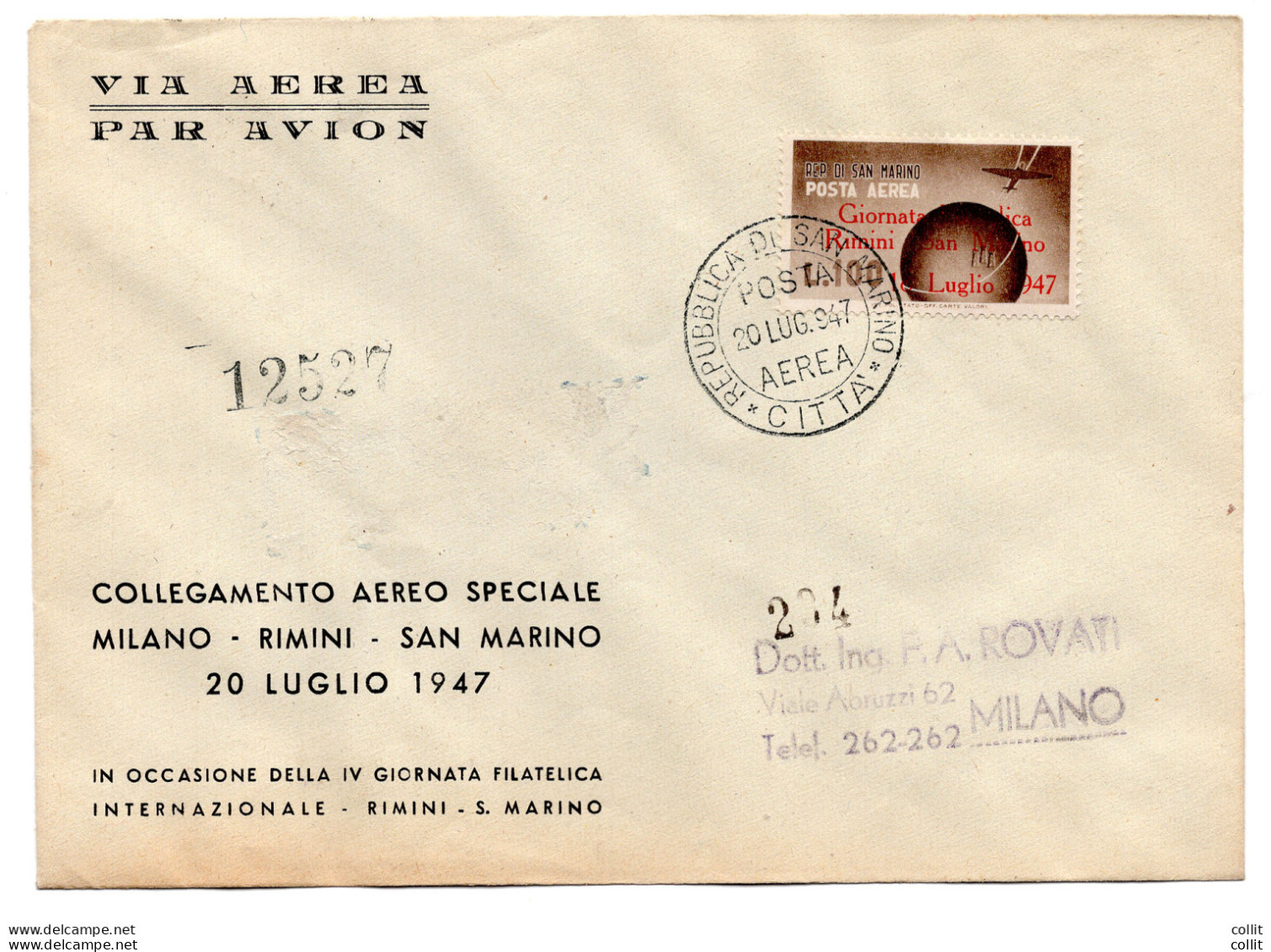San Marino - Collegamento Aereo Speciale Milano/Rimini/San Marino - Airmail