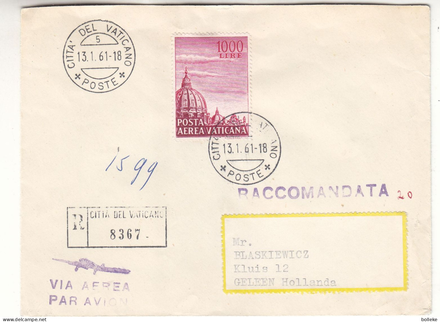 Vatican - Lettre Recom De 1961 - Oblit Citta Del Vaticano - Valeur 20 Euros - - Covers & Documents