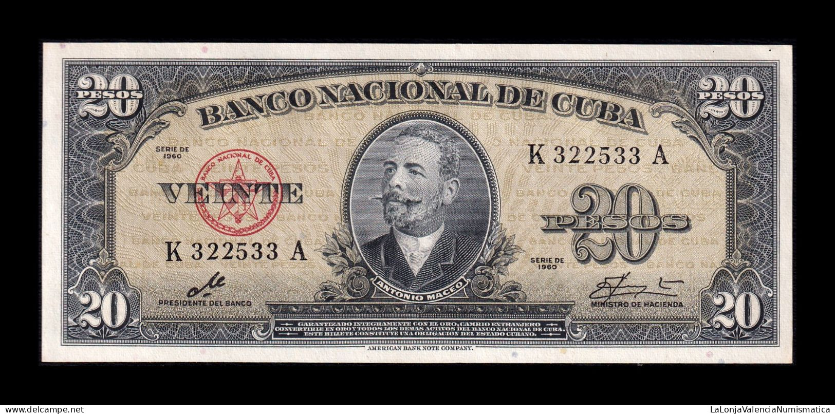 Cuba 20 Pesos Antonio Maceo 1960 Pick 80c Sc-/Sc Unc/aUnc - Cuba