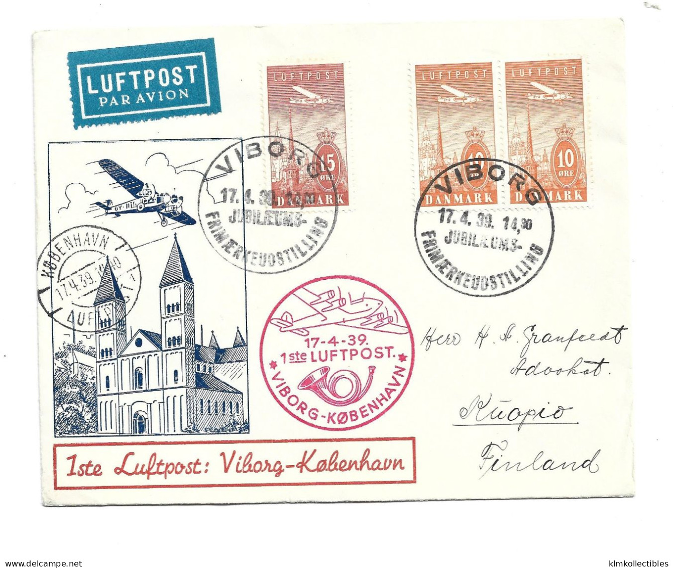 DENMARK DANMARK - AIRMAIL LUFTPOST COVER - VIBORG JUBILEAMUS SPECIAL CANCEL FIRST 1ST FLIGHT - Airmail