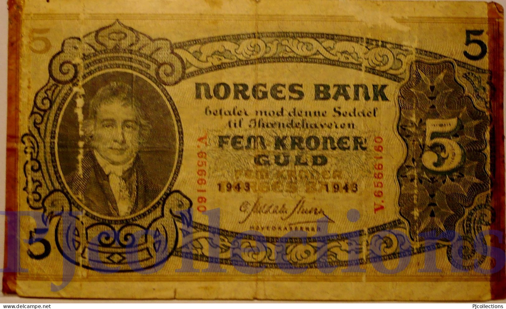 NORWAY 5 KRONER 1943 PICK 7c FINE - Norway