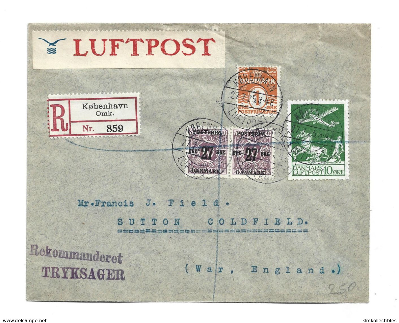 DENMARK DANMARK - 1925 AIRMAIL LUFTPOST REGISTERED COVER TO ENGLAND - Aéreo