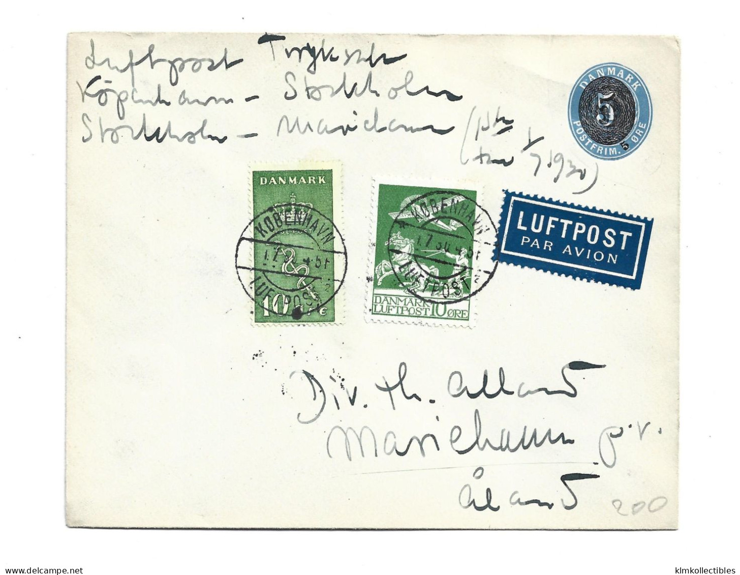 DENMARK DANMARK - 1930 AIRMAIL LUFTPOST STATIONERY COVER TO MARIEHAMN FINLAND - Luchtpostzegels