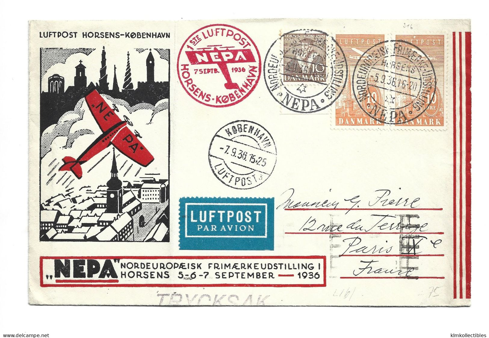 DENMARK DANMARK - AIRMAIL LUFTPOST COVER TO FRANCE - 1936 NEPA SPECIAL CANCEL FIRST 1ST FLIGHT - Luftpost