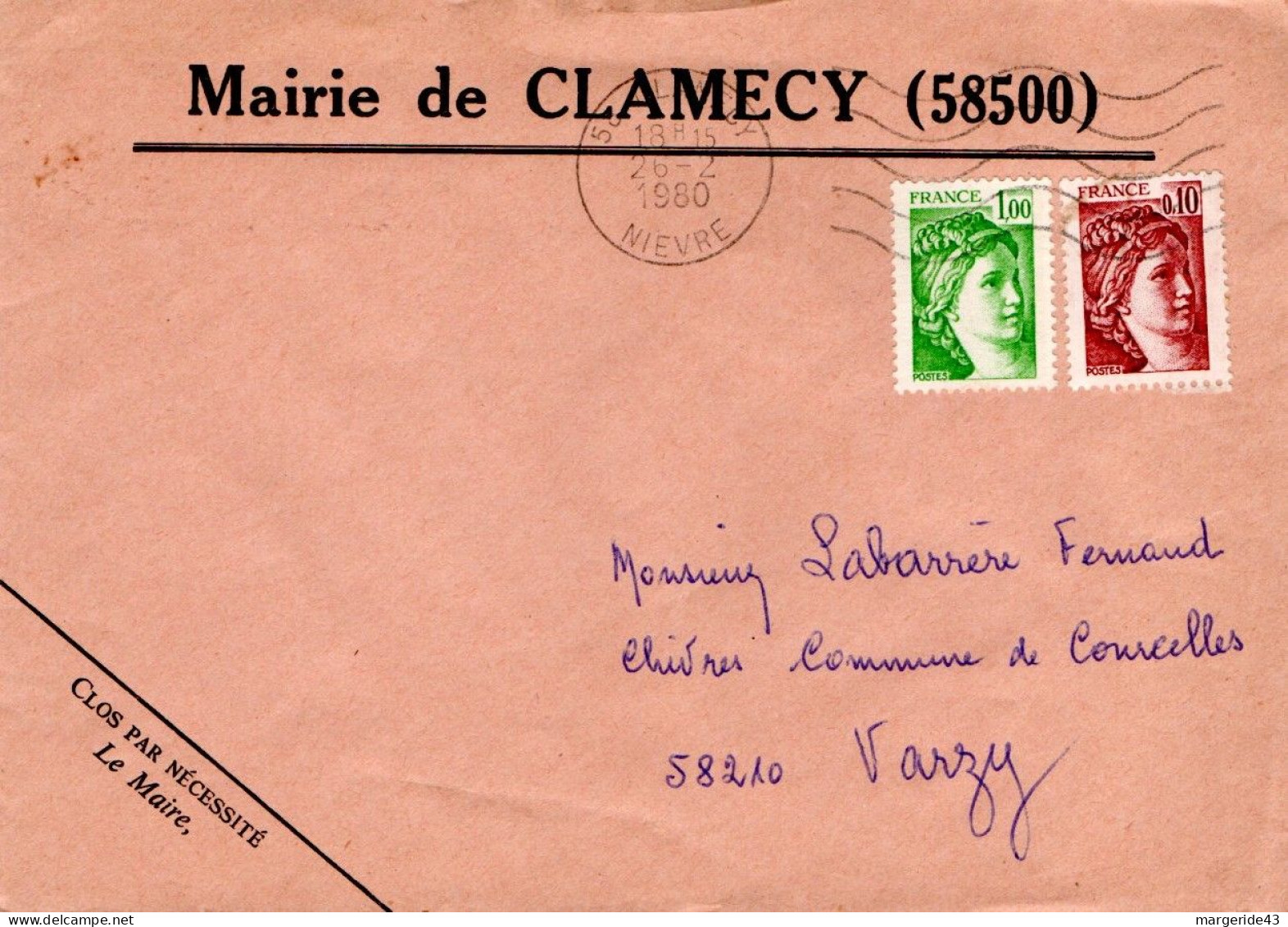 SABIBE AFFRANCHISSEMENT COMPOSE SUR LETTRE DE MAIRIE DE CLAMECY NIEVRE 1980 - Posttarieven