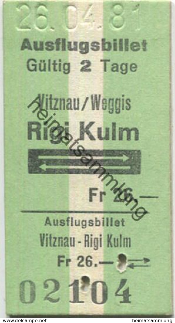 Schweiz - Ausflugsbillet - Vitznau Weggis - Rigi Kulm - Fahrkarte 1981 - Europa