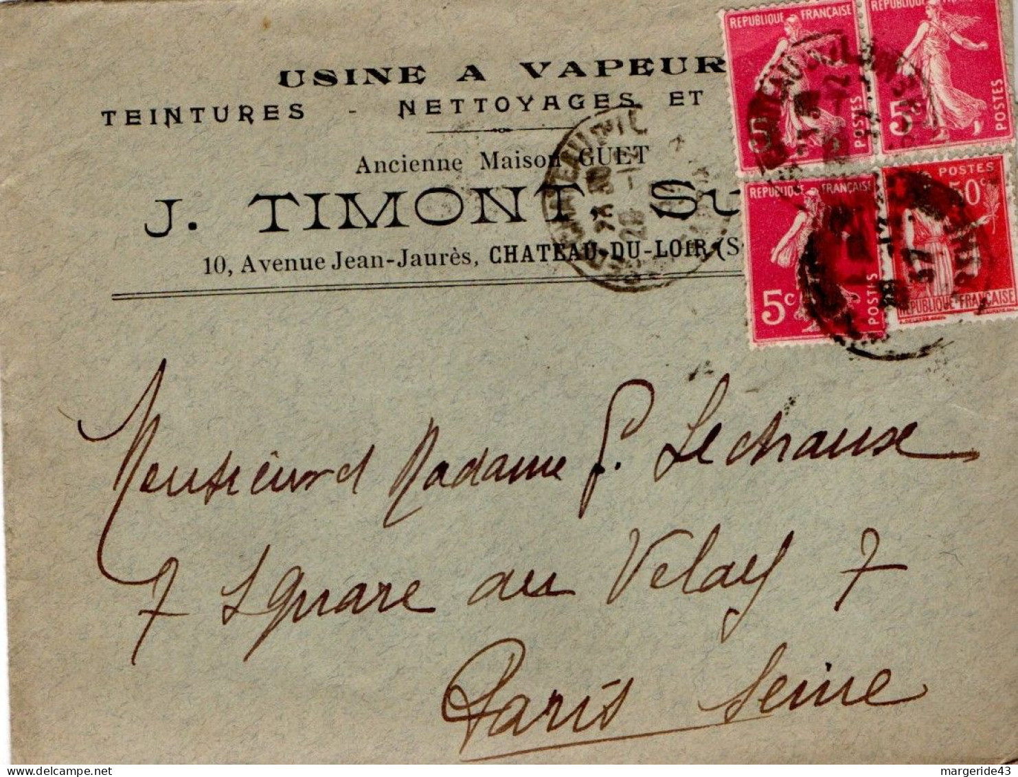 AFFRANCHISSEMENT COMPOSE SUR LETTRE A EN TETE DE CHATEAU DU LOIR SARTHE 1937 - Posttarieven