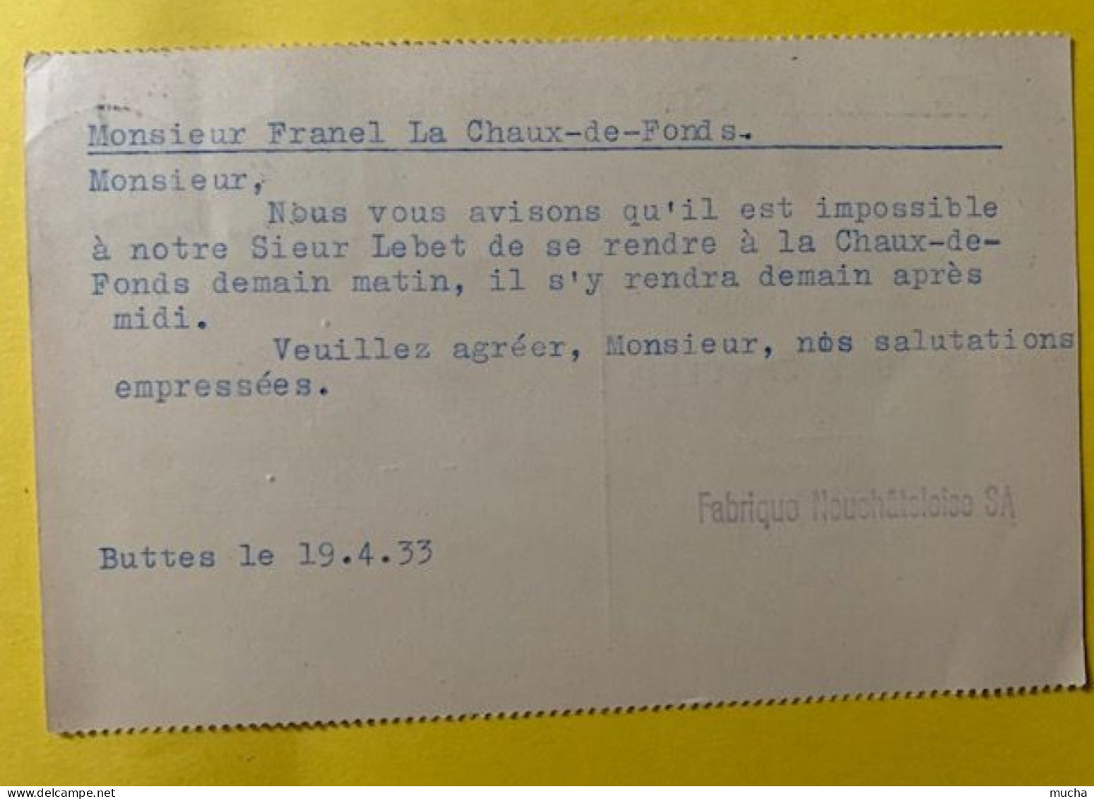 70054 - Suisse Carte Fabrique De Verres De Montres Théodore Jequier Buttes 19.04.1933 - Clocks