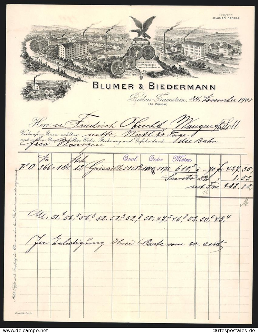 Rechnung Rorbas-Freienstein 1908, Blumer & Biedermann, Geschäftsstellen In Freienstein, Bulach Und Flaach, Medaillen  - Suisse