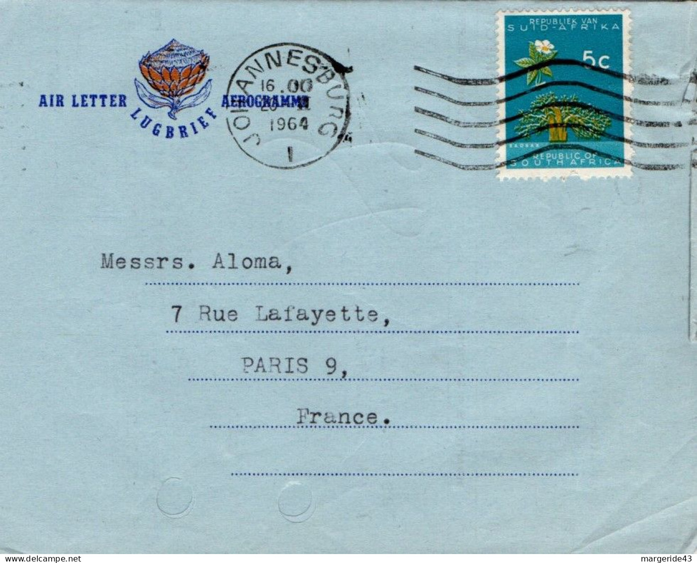 AFRIQUE DU SUD LETTRE AVION POUR LA FRANCE 1964 - Briefe U. Dokumente