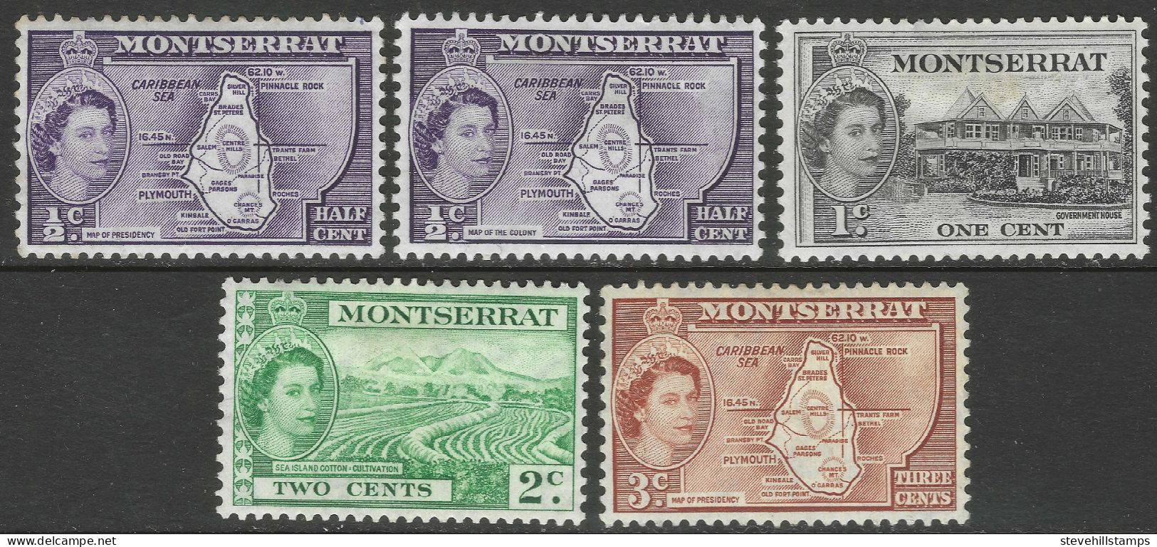 Montserrat. 1953-62 QEII. 5 MH Values To 3c. (½c (Type I & II), 1c, 2c, 3c (Type I)) SG 136a Etc. M3067 - Montserrat
