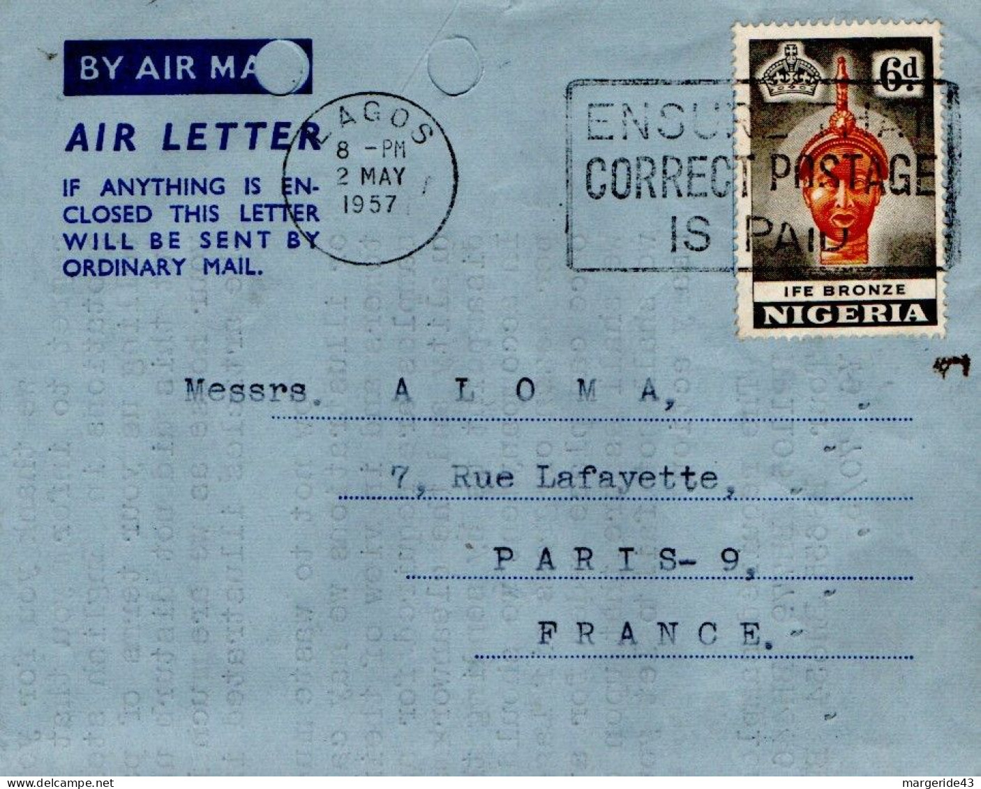 NIGERIA LETTRE AVION POUR LA FRANCE 1957 - Nigeria (1961-...)