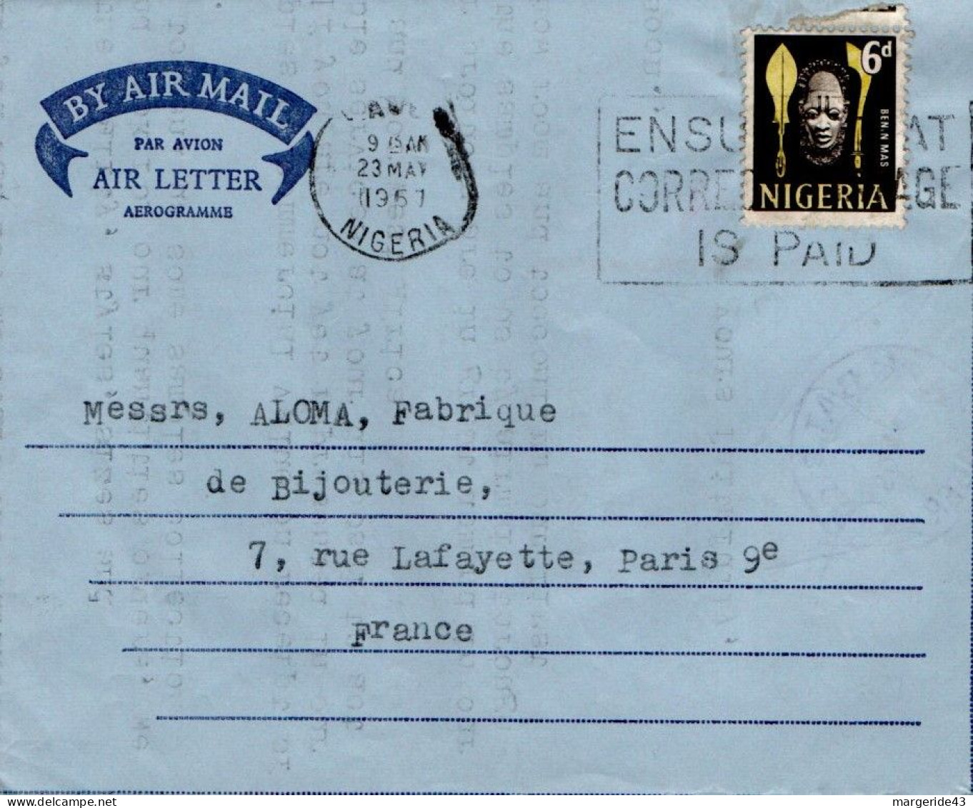 NIGERIA LETTRE AVION POUR LA FRANCE 1957 - Nigeria (1961-...)