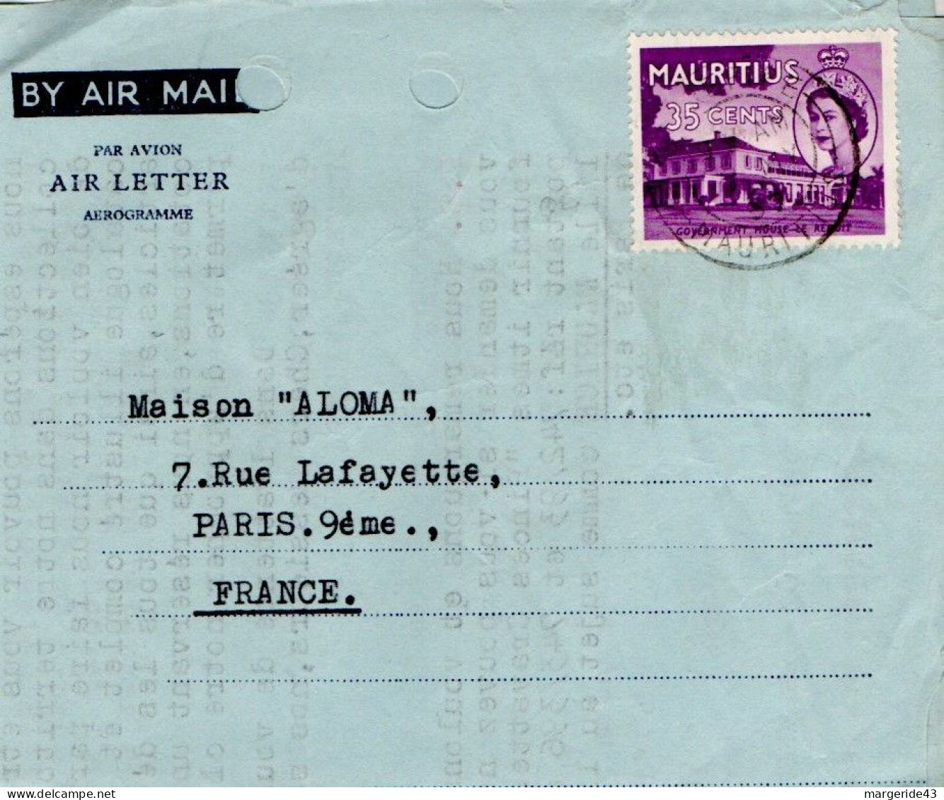 MAURICE  LETTRE AVION POUR LA FRANCE 1957 - Mauritius (1968-...)