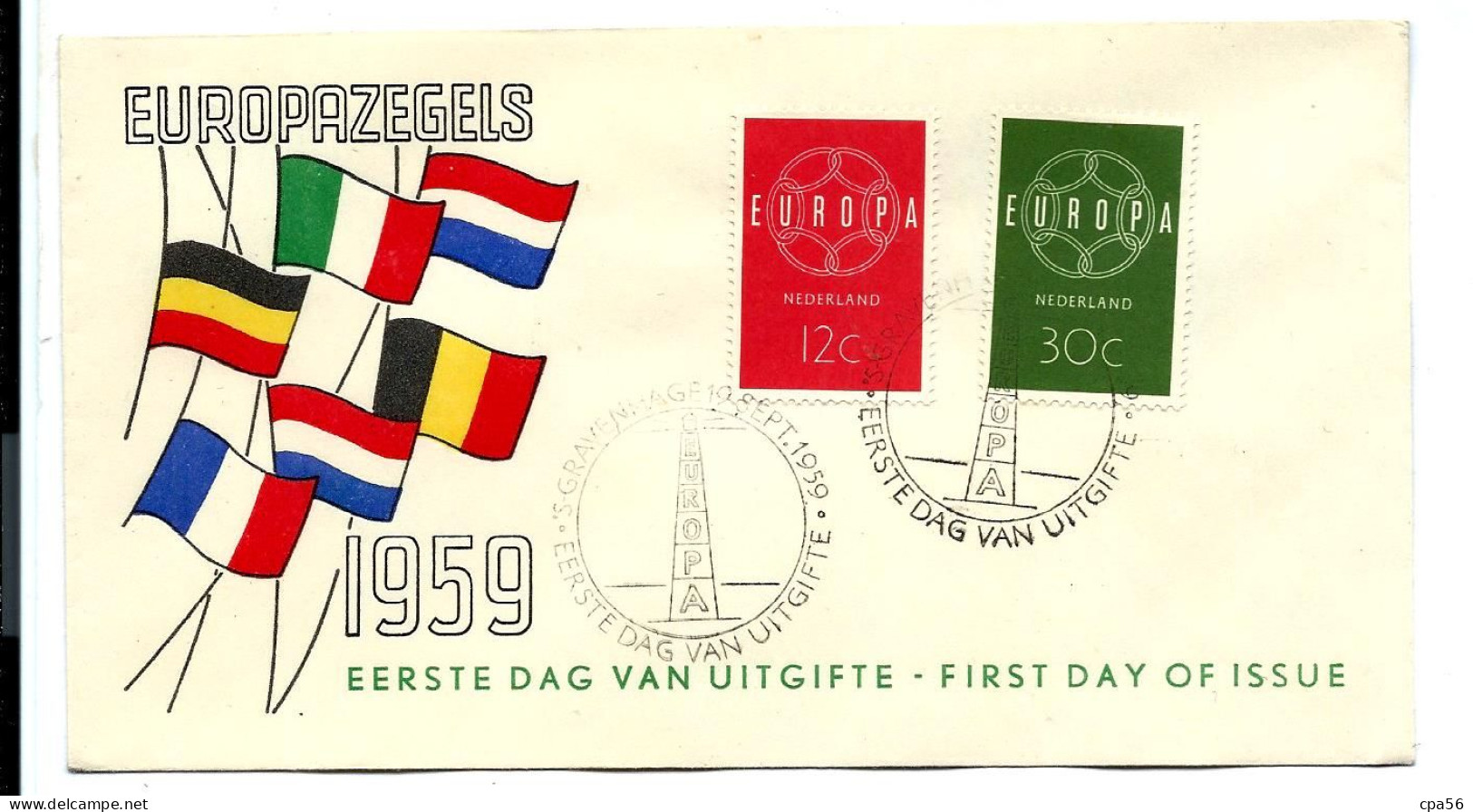 Eerste Dag 1959 6 2 STAMPS EUROPA Nederland 12 + 30c - FDC