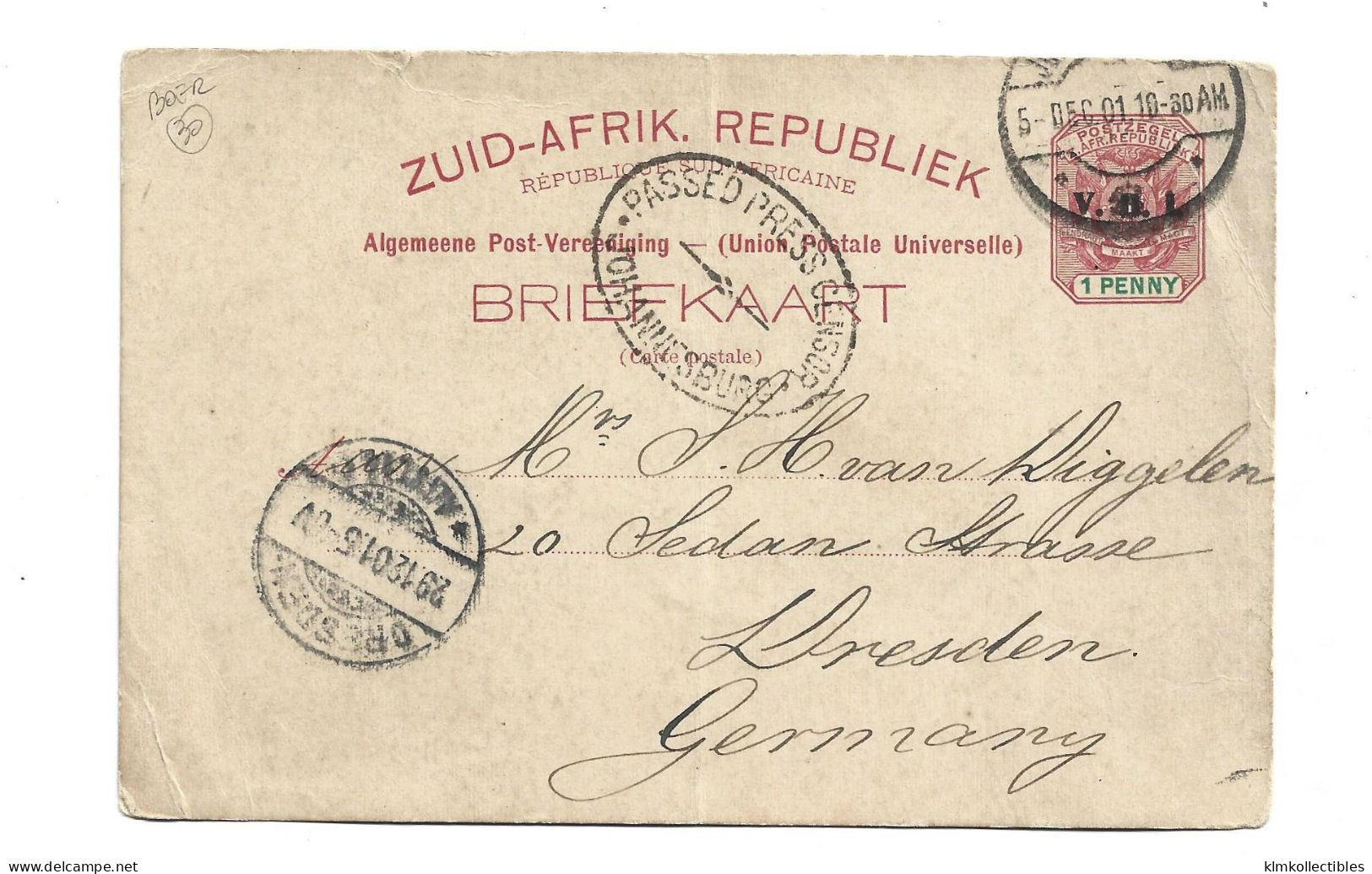 GREAT BRITAIN UNITED KINGDOM ENGLAND COLONIES - SOUTH AFRICA SUD AFRIKA - 1901 CENSORED STATIONERY BOER WAR - Ohne Zuordnung