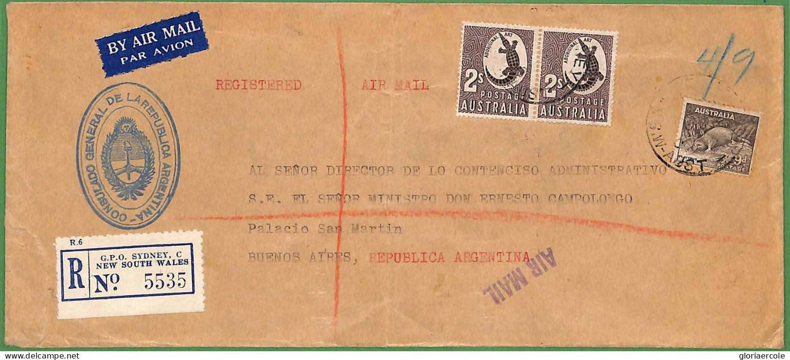 ZA1455 - AUSTRALIA - POSTAL HISTORY - Consular REGISTERED COVER To ARGENTINA 1950 - Brieven En Documenten