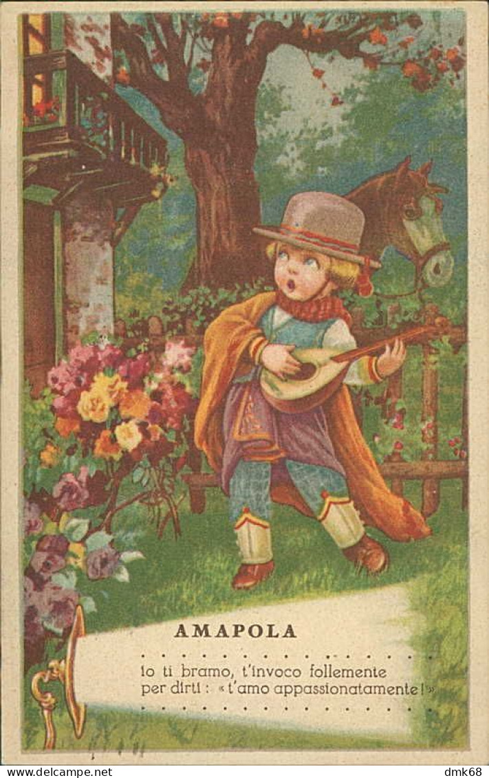 CASTELLI SIGNED 1930s POSTCARD - KID & MUSIC & HORSE & FLOWERS - AMAPOLA - EDIZIONE FRANCHI  (5329) - Castelli