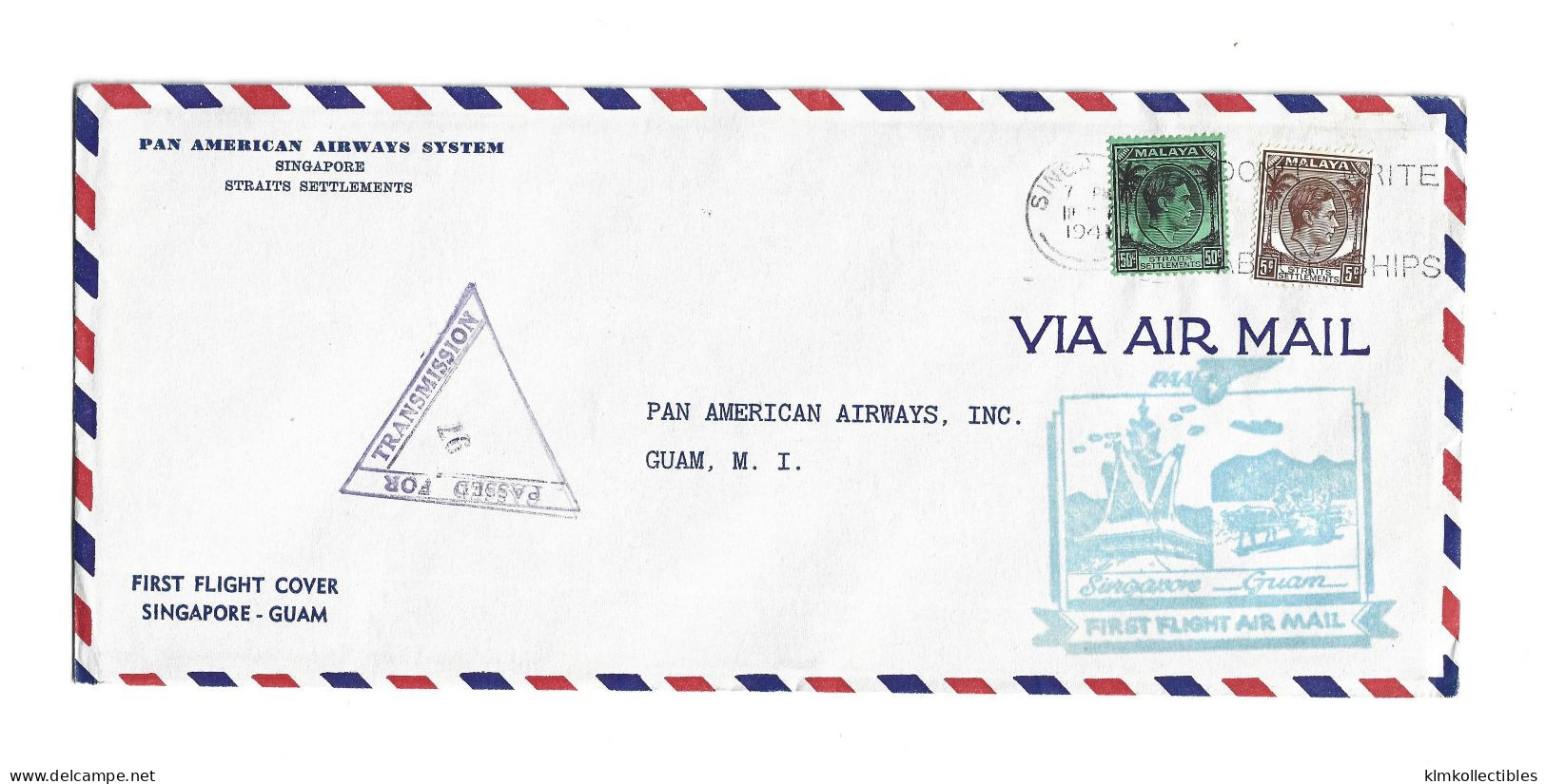 GREAT BRITAIN UNITED KINGDOM ENGLAND COLONIES - SINGAPORE MALAYA - 1941 FIRST FIGHT AIRMAIL GUAM CENSORED - Singapore (...-1959)