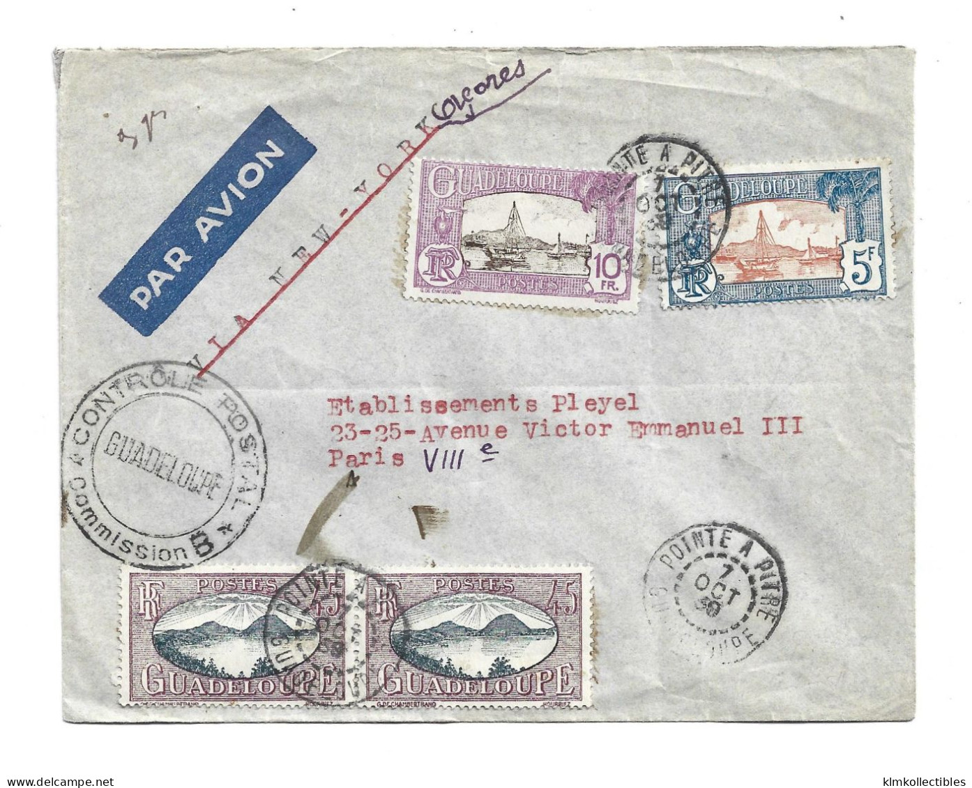 FRANCE COLONIES - GUADELOUPE - 1939 AIRMAIL COVER TO FRANCE VIA NEW YORK USA - CENSORED - Covers & Documents