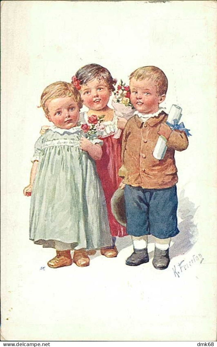 KARL FEIERTANG SIGNED 1910s POSTCARD - KIDS & FLOWERS - EDIT B.K.W.I. 716/2 (5332) - Feiertag, Karl