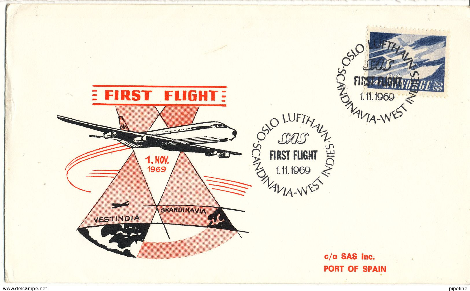 Norway SAS First Flight Scandinavia - West Indies Port Of Spain 1-11-1969 - Lettres & Documents