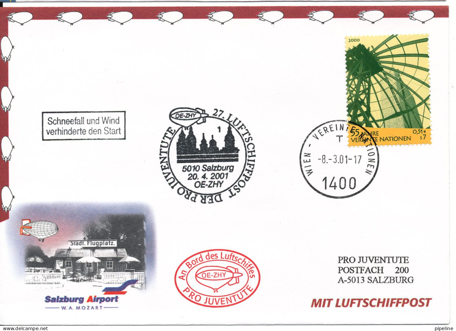 Austria UN Vienna AIRSHIP MAIL Pro Juventute Number 27 Wien 8-3-2001 Salzburg 20-4-2001 With More Postmarks - Emissions Communes New York/Genève/Vienne