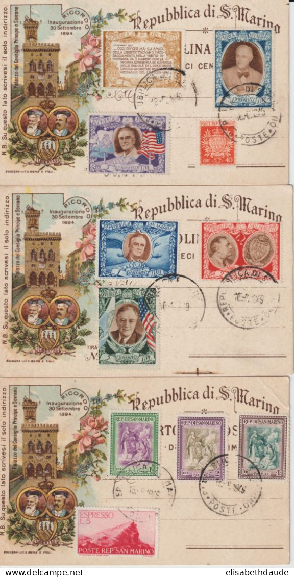 SAN MARINO - 3 CARTES ENTIER POSTAL MODELE 1894 AFFRANCHIES ET OBLITEREES EN 1949 MAIS NON CIRCULEES - Interi Postali