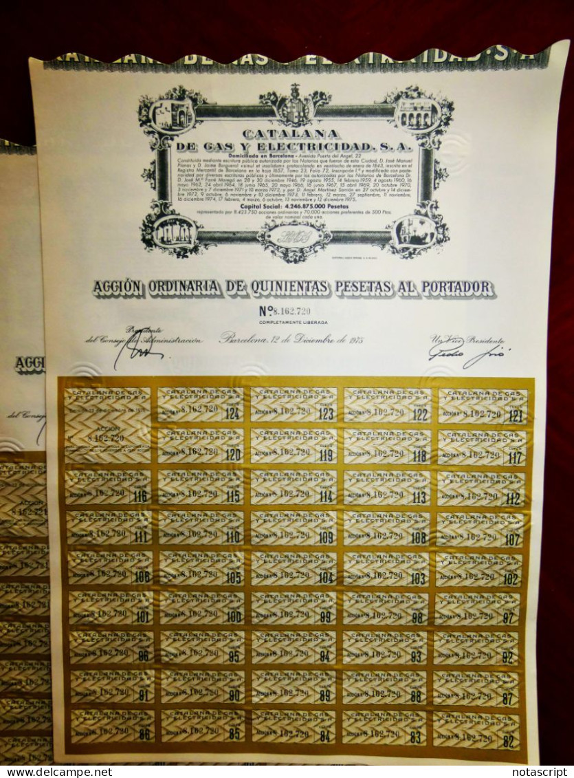 Catalana De Gas Y Electricidad SA, Barcelona 1975 Share Certificates X 5 - Elettricità & Gas