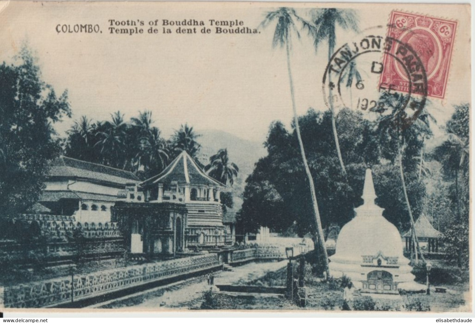 SINGAPORE - 1928 - CP De COLOMBO (CEYLON) EXPEDIEE De TANJONG PAGAR => TOULON - Straits Settlements