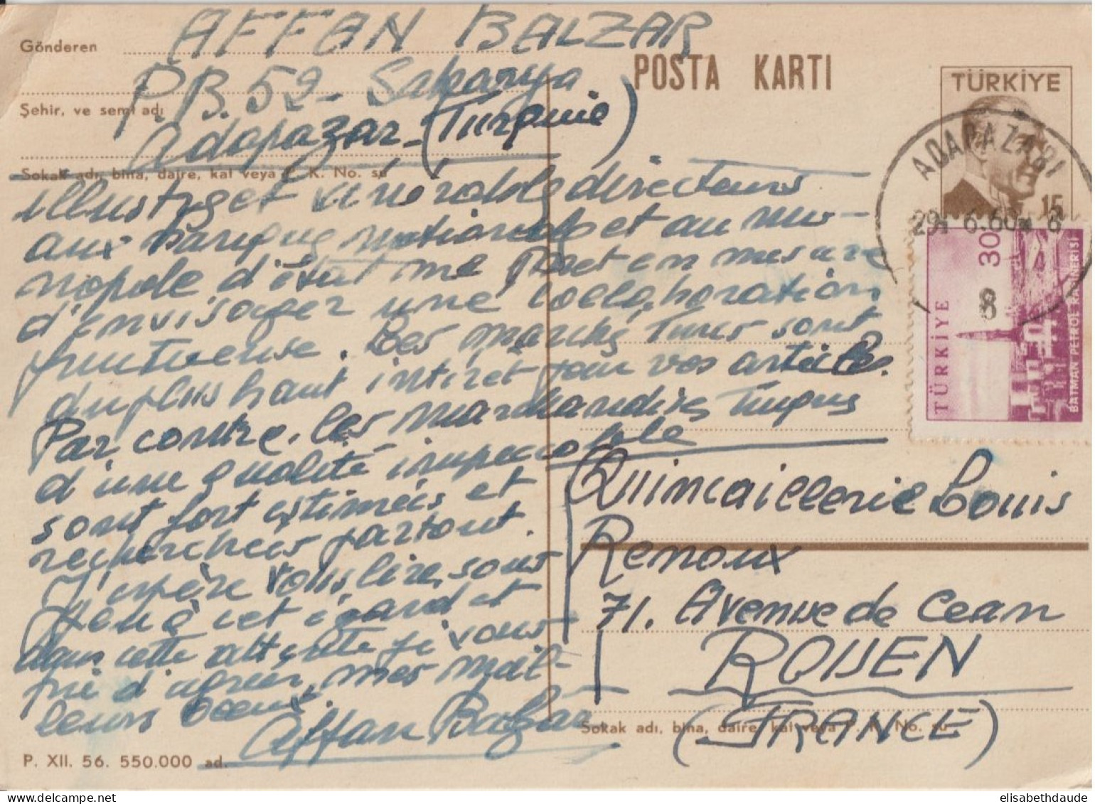 TURQUIE - 1960 - LIVRAISON GRATUITE MONDE ENTIER A PARTIR De 5 EUR D'ACHAT ! CP ENTIER De SAKARYA ADAPAZARI => ROUEN - Postal Stationery