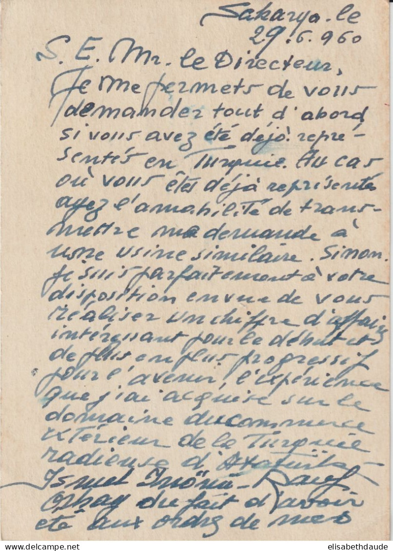 TURQUIE - 1960 - LIVRAISON GRATUITE MONDE ENTIER A PARTIR De 5 EUR D'ACHAT ! CP ENTIER De SAKARYA ADAPAZARI => ROUEN - Postwaardestukken