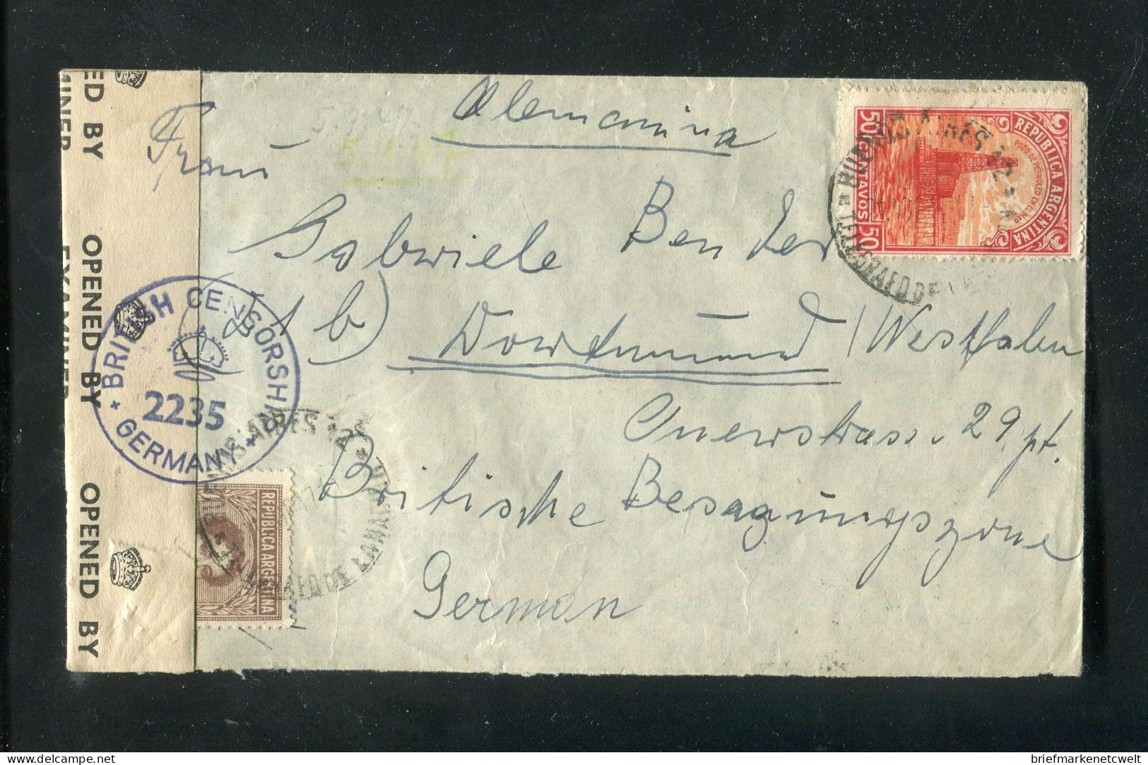 "ARGENTINIEN" 1947, Brief Mit "ZENSUR" (BRITISH CENSORSHIP GERMANY) Nach Dortmund (B0019) - Cartas & Documentos