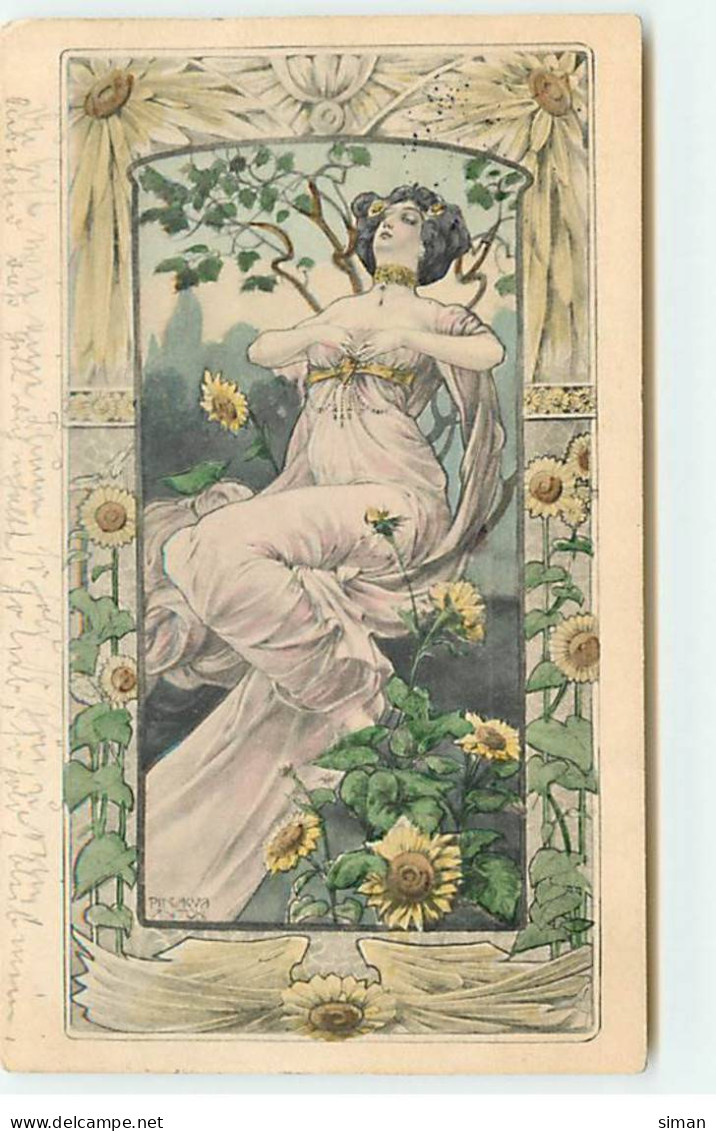 N°21310 - Art Nouveau - Pinkawa - MM Vienne N°122 - Jeune Femme Au Milieu De Tournesols - Pinkawa