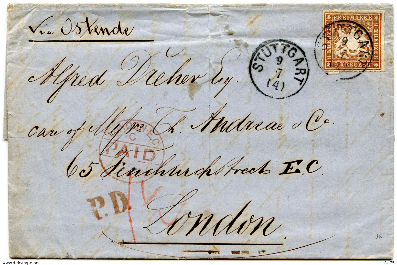 ALLEMAGNE - WURTEMBERG - 9 KR SUR LETTRE DE SUTTGART POUR LONDRES, 1870 - Briefe U. Dokumente