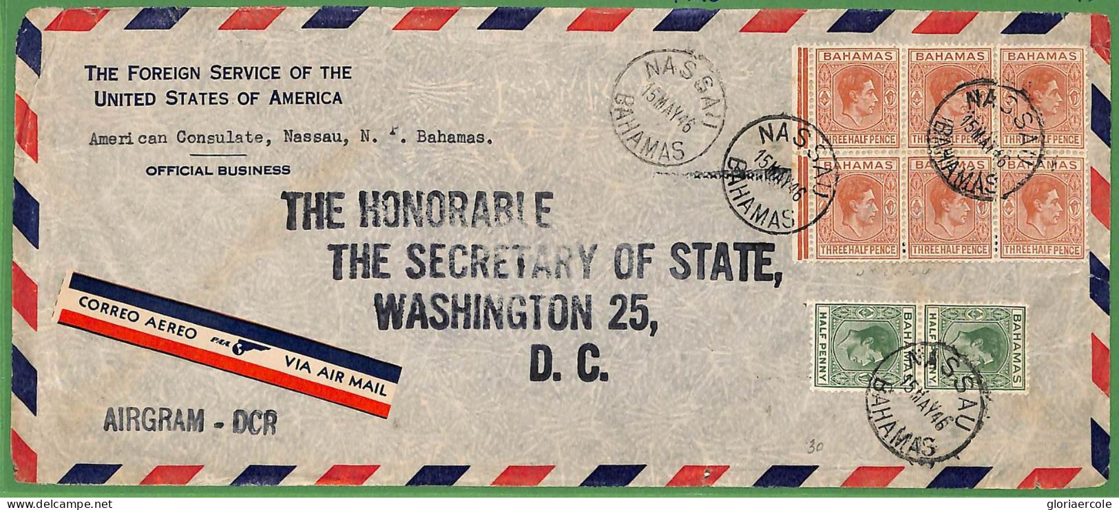 ZA1457 - BAHAMAS - POSTAL HISTORY - OFFICIAL CONSULAR Correspondence 1946 USA - 1859-1963 Crown Colony